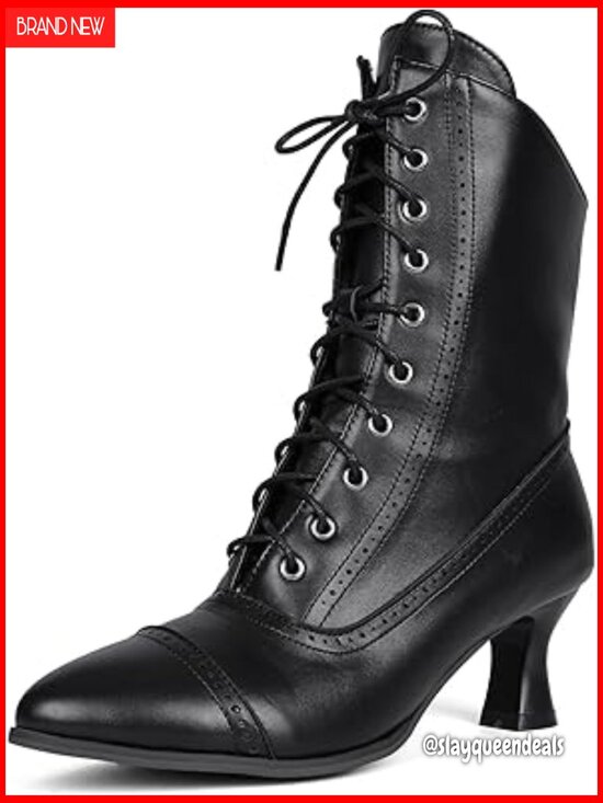 Victorian Ankle Boots Low Heel Lace Up Zipper Vintage Granny Boots